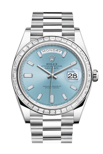 Rolex Day-Date 40 Ice Blue Baguette Diamond Dial 40 Baguette Diamond Bezel Platinum President Automatic Men's Watch 228396TBR 228396