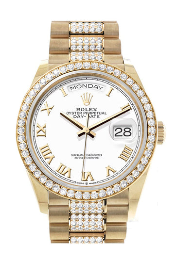 Rolex Day-Date 36 White Roman Dial Gold Diamond Bezel Watch 128348RBR-0043 128348RBR