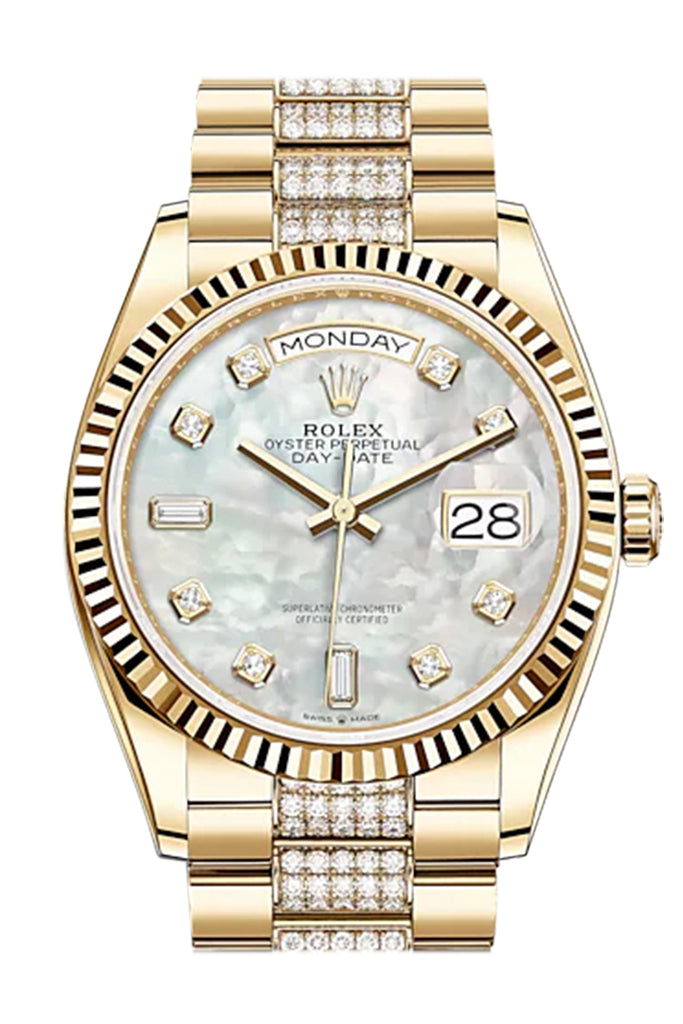 Rolex Day-Date 36 White Mother-of-Pearl Diamond Dial 18K Yellow Gold Watch Diamond set president Bracelet 128238