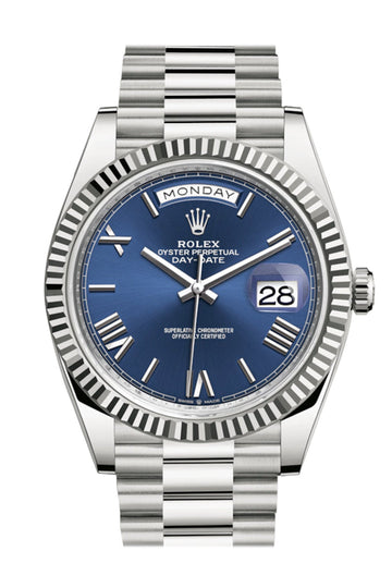 Rolex Day-Date 40 Blue Roman Dial Fluted Bezel White Gold President Automatic Men's Watch 228239