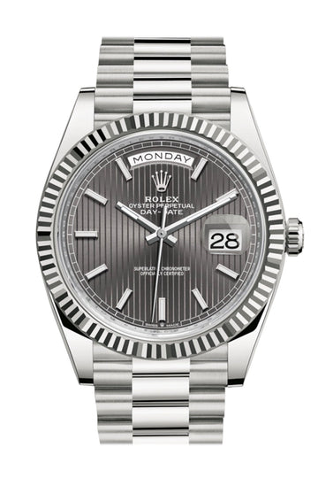 Rolex Day-Date 40 Dark Rhodium Stripe Motif Dial Fluted Bezel White Gold President Automatic Men's Watch 228239