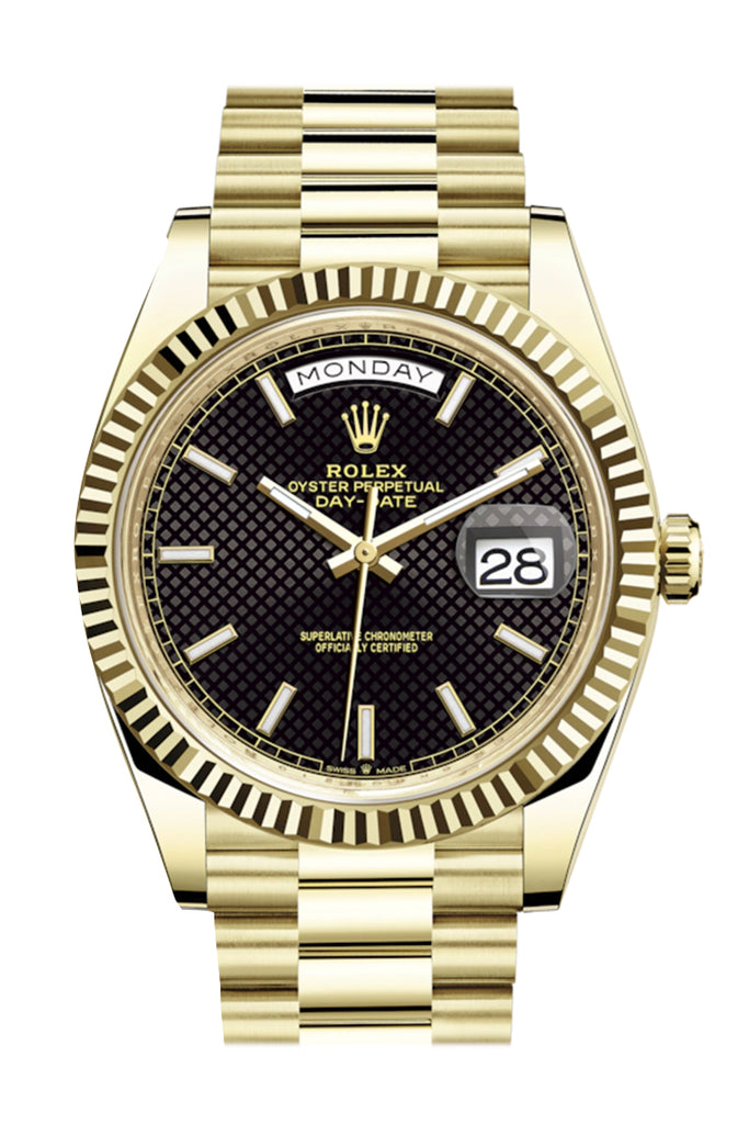 Rolex Day Date 40 Black Diagonal Motif Dial 18K Yellow Gold Fluted Bezel President Mens Watch 228238