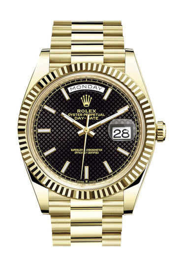 Rolex Day Date 40 Black Diagonal Motif Dial 18K Yellow Gold Fluted Bezel President Mens Watch 228238