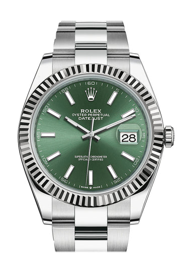 Rolex Datejust 41 Green Stick Dial White Gold Oyster Men's Watch 126334