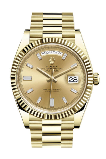 Rolex Day-Date 40 Champagne 10 Baguette Diamond Dial 18K Yellow Gold President Automatic Men's Watch 228238