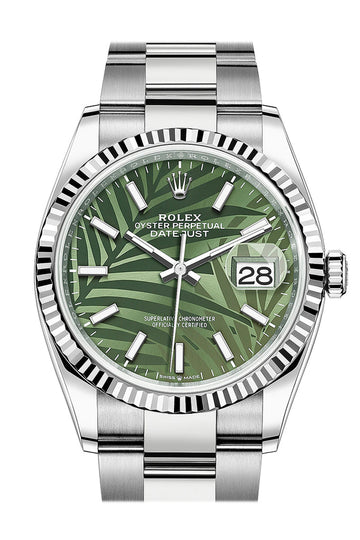 Rolex Datejust 36 Olive Green Palm Motif Dial Fluted Watch 126234