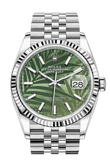 Rolex Datejust 36 Olive Green Palm Motif Dial Fluted Jubilee Watch 126234