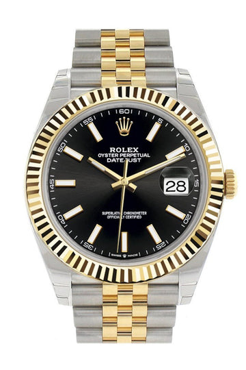 Rolex Datejust 41 Black Dial Fluted Bezel 18k Yellow Gold Jubilee Mens Watch 126333