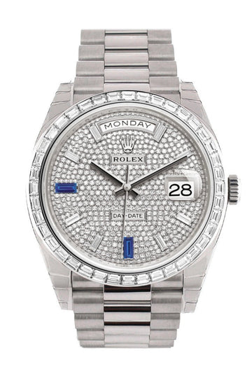 Rolex Day-Date 40 Paved Diamond Sapphires Dial 40 Baguette Diamond Bezel Platinum President Automatic Men's Watch 228396TBR 228396
