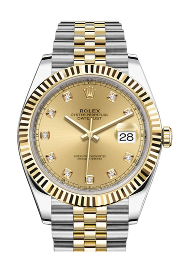 Rolex Datejust 41 Champagne Diamond Dial Fluted Bezel 18k Yellow Gold Jubilee Mens Watch 126333