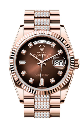 Rolex Day-Date 36 Brown ombrŽ Diamond Dial Fluted Bezel 18K Everose gold Diamond  President Watch 128235