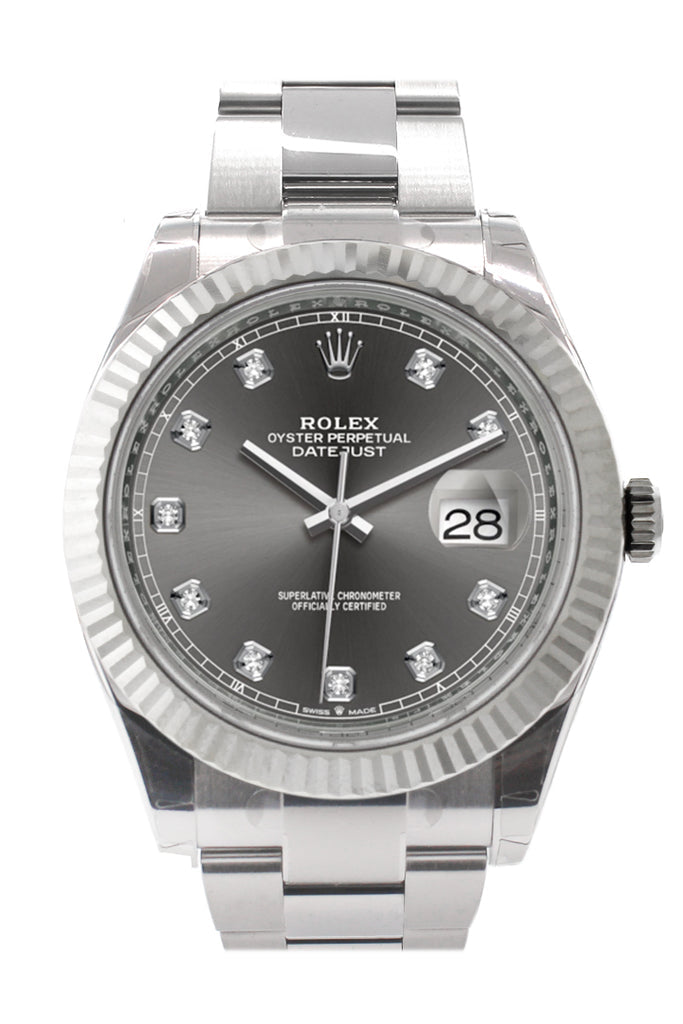 Rolex Datejust 41 Dark Rhodium Set with Diamonds Dial White Gold Fluted Bezel Mens Watch 126334
