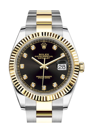 Rolex Datejust 41 Black Diamond Dial Fluted Bezel 18k Yellow Gold Mens Watch 126333