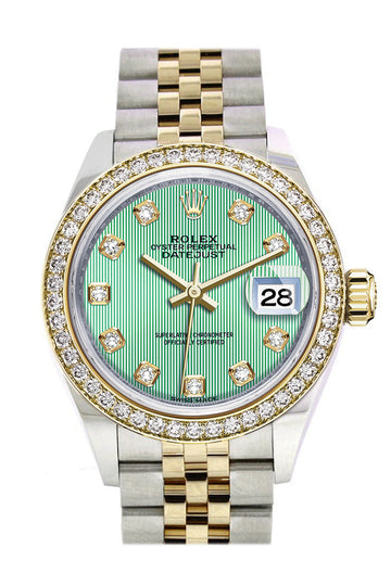 Rolex Datejust 28 Mint Green set with diamonds Dial Diamond Bezel Yellow Gold Jubilee Ladies Watch 279383RBR 279383