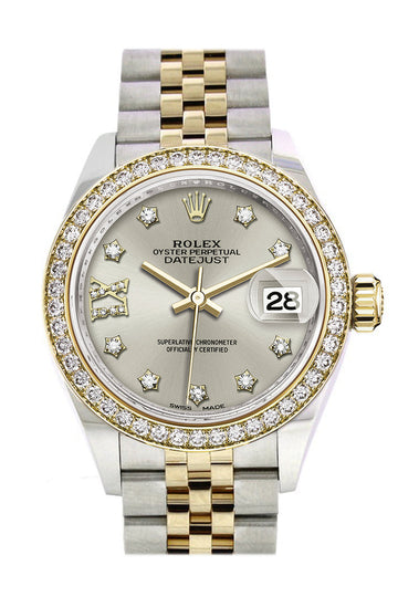 Rolex Datejust 28 Silver Diamond Star Dial Diamond Bezel Yellow Gold Jubilee Ladies Watch 279383RBR 279383