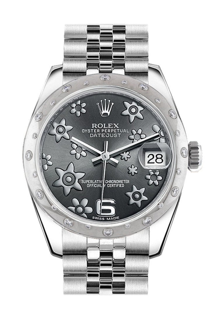 Rolex Datejust 31 Dark rhodium raised floral motif Dial Gold Dome set with Diamonds Bezel Jubilee Ladies Watch 178344