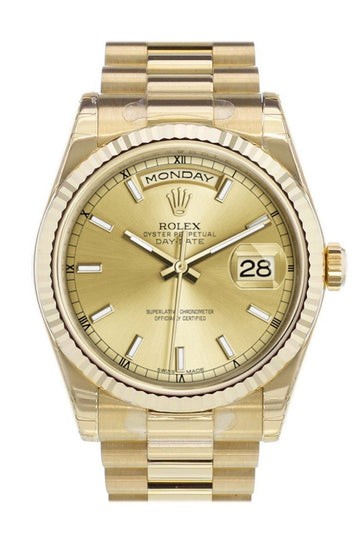 Rolex Day-Date 36 Champagne-colour Dial Fluted Bezel President Yellow Gold Watch 118238
