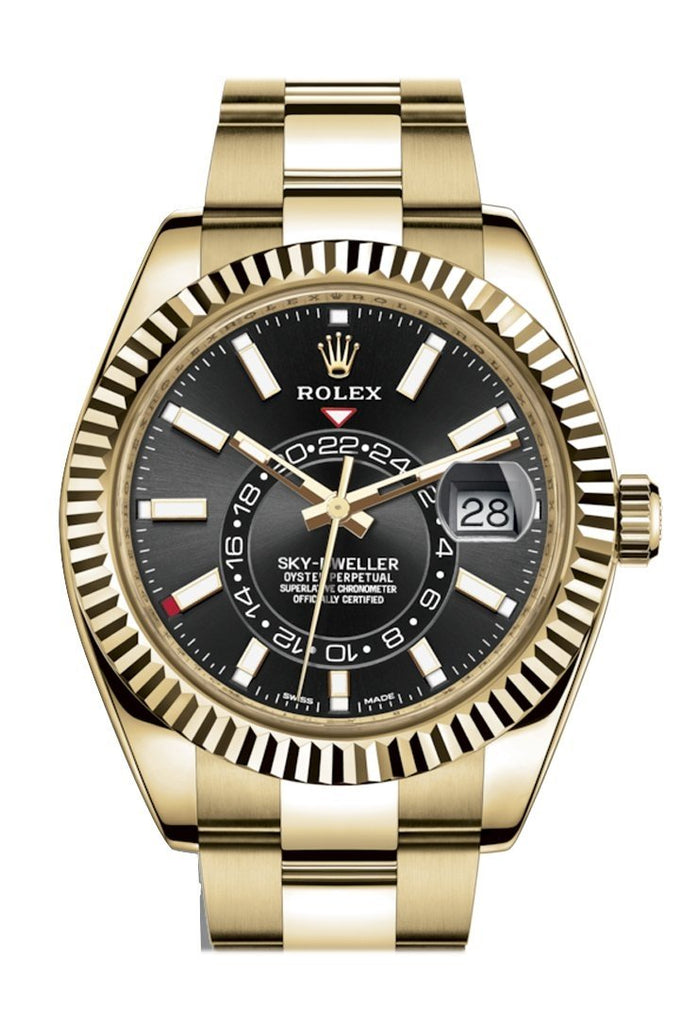 Rolex Sky Dweller Black Dial Gmt 18kt Yellow Gold Men's Watch 326938