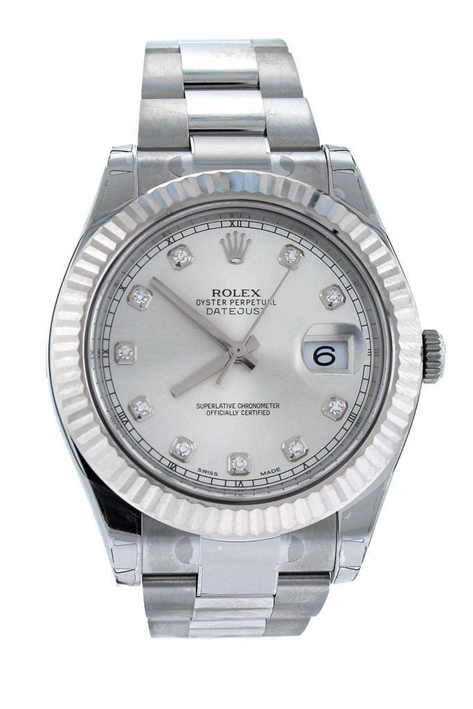 Rolex Datejust II 41 Steel Silver Diamond Dial 18kt White Gold Fluted Bezel Men's Watch 116334