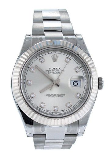 Rolex Datejust II 41 Steel Silver Diamond Dial 18kt White Gold Fluted Bezel Men's Watch 116334