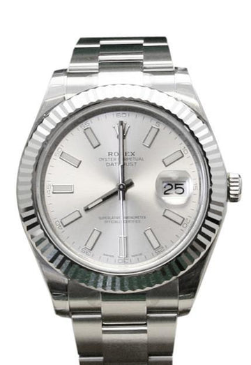 Rolex Datejust II 41 Silver Dial 18kt White Gold Fluted Bezel Men's Watch 116334