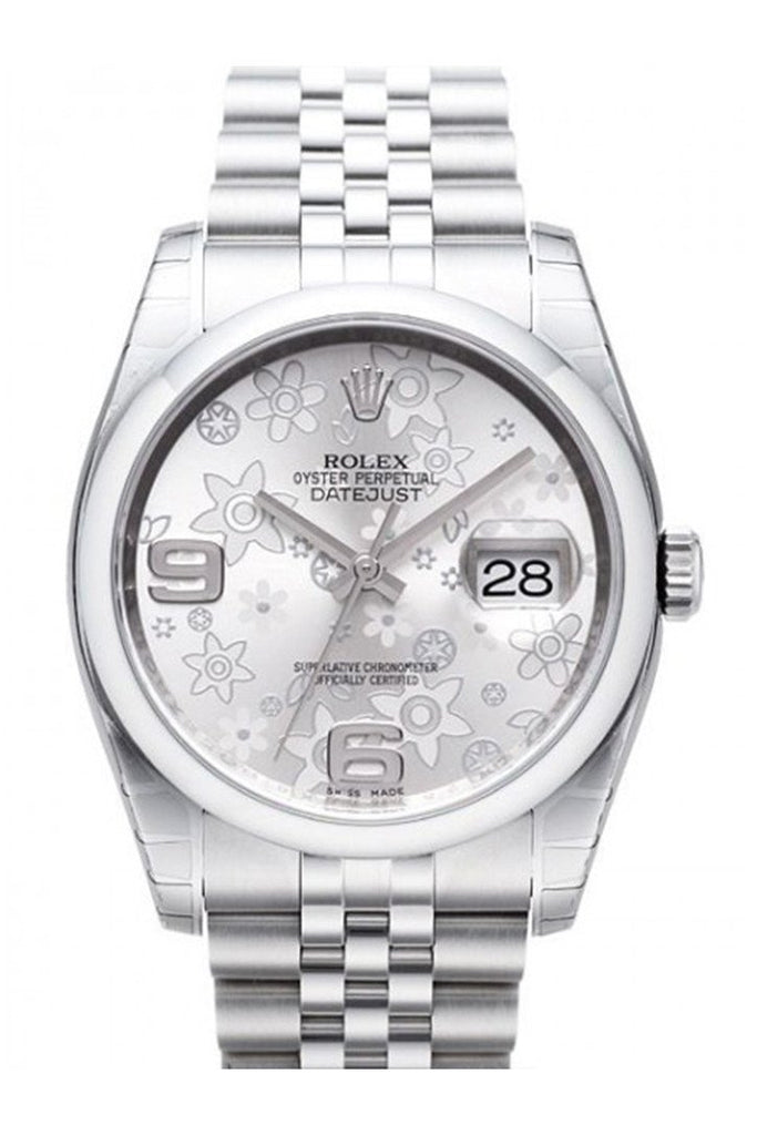 Rolex  Datejust 36 Silver Floral Motif 2 Arab Dial Jubilee Men's Watch 116200