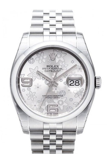 Rolex  Datejust 36 Silver Floral Motif 2 Arab Dial Jubilee Men's Watch 116200
