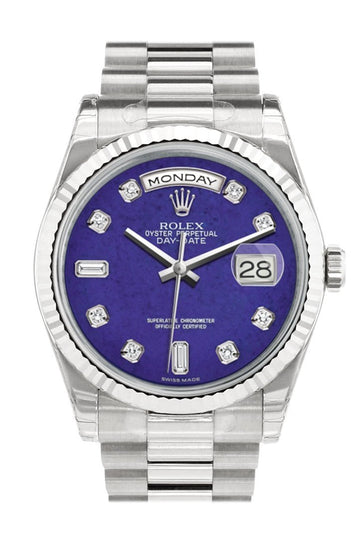 Rolex Day-Date 36 Lapis Lazuli set with Diamonds Dial Fluted Bezel President White Gold Watch 118239