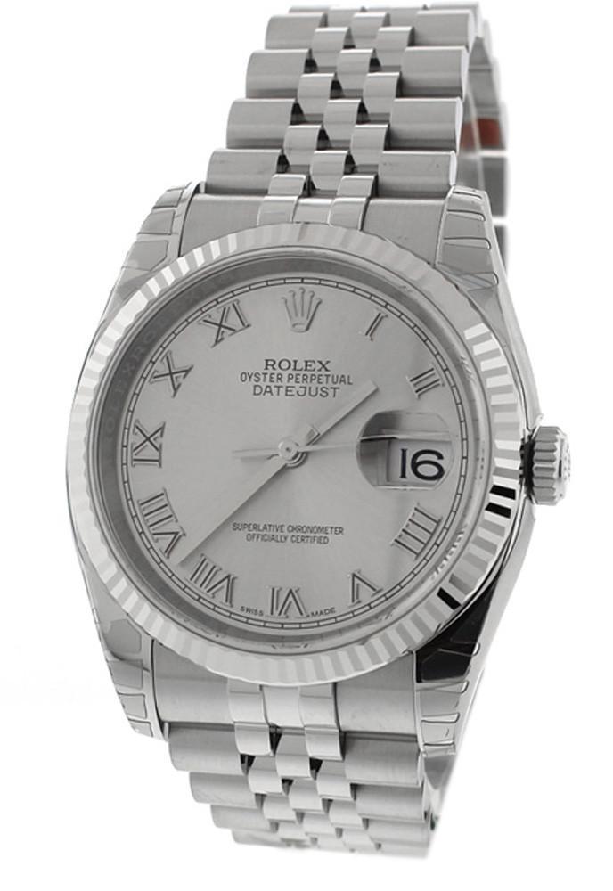 Rolex Datejust 36 Rhodium Roman Dial 18k White Gold Fluted Jubilee Unisex Watch 116234