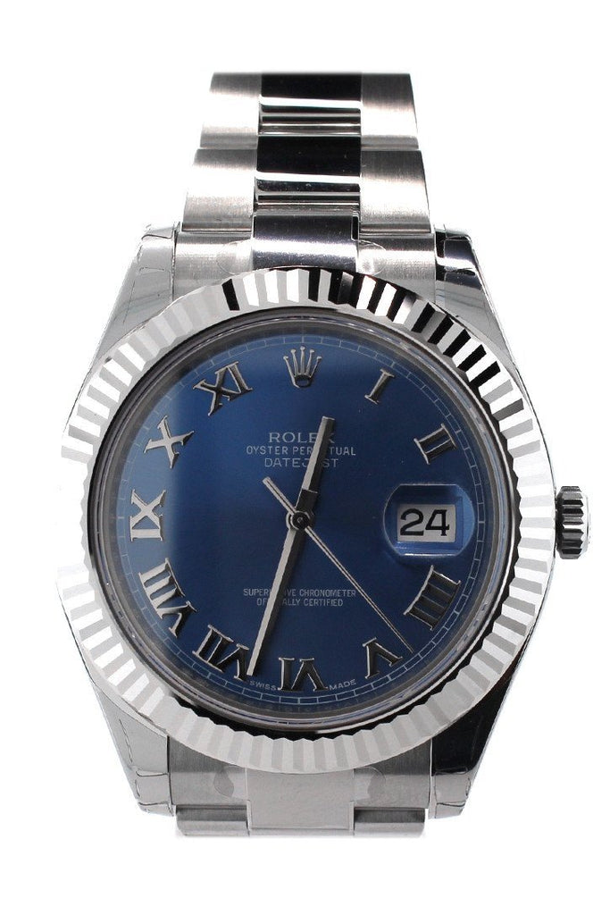 Rolex Datejust II 41 Blue Roman Dial 18kt White Gold Fluted Bezel Men's Watch 116334