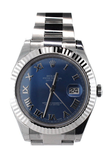Rolex Datejust II 41 Blue Roman Dial 18kt White Gold Fluted Bezel Men's Watch 116334