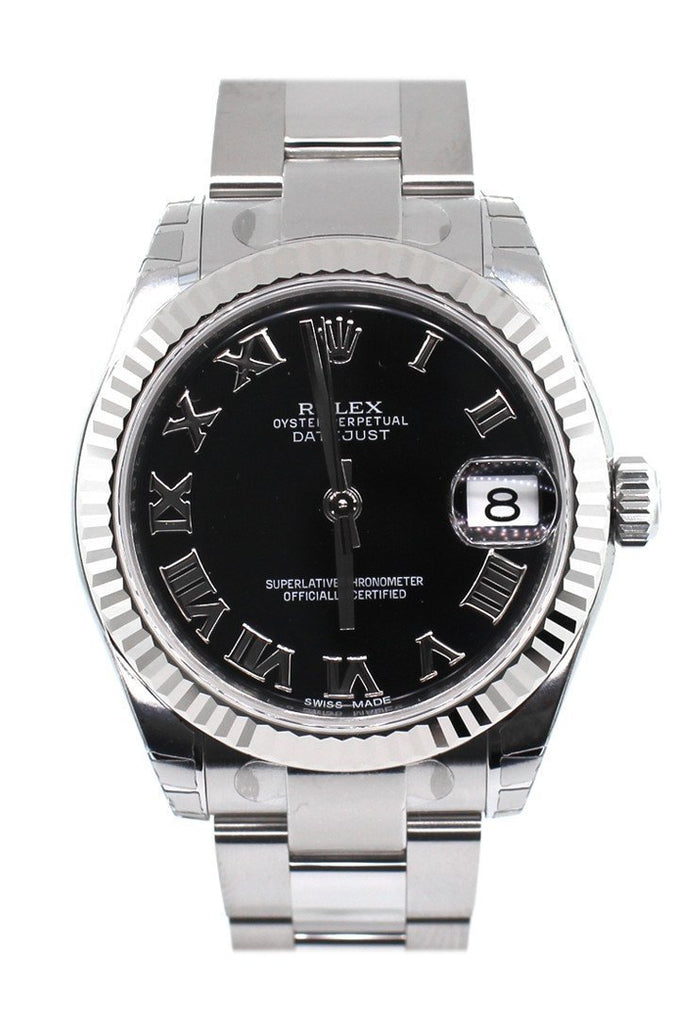 Rolex Datejust 31 Black Roman Dial 18k White Gold Fluted Bezel Ladies Watch 178274