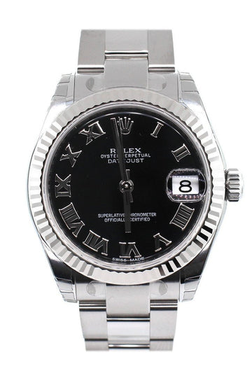 Rolex Datejust 31 Black Roman Dial 18k White Gold Fluted Bezel Ladies Watch 178274