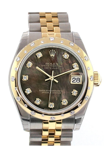 Rolex Datejust 31 Black Mother of Pearl Diamonds Dial Diamond Bezel 18K Gold Two Tone Jubilee Ladies 178343