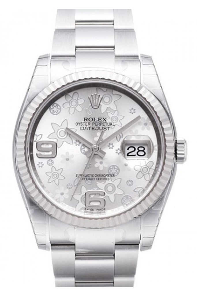 Rolex Datejust 36 Silver Floral Dial Steel 18k Gold Ladies Watch 116234