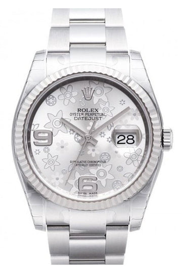 Rolex Datejust 36 Silver Floral Dial Steel 18k Gold Ladies Watch 116234
