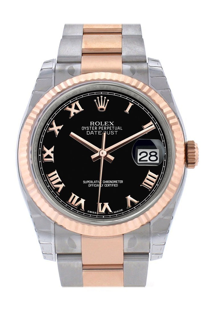 Rolex Datejust 36 Black Roman Dial Steel and 18k Rose Gold Mens Ladies Watch 116231