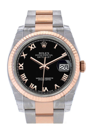 Rolex Datejust 36 Black Roman Dial Steel and 18k Rose Gold Mens Ladies Watch 116231