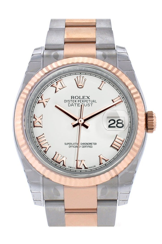Rolex Datejust 36 White Roman Dial Fluted Steel and 18k Rose Gold Oyster Watch 116231