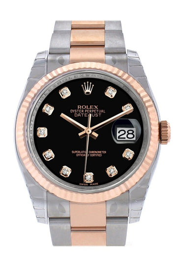Rolex Datejust 36 Black set with diamonds Dial Fluted Steel and 18k Rose Gold Oyster Watch 116231