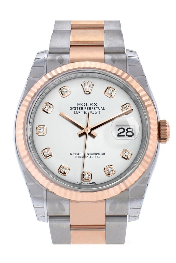 Rolex Datejust 36 White set with diamonds Dial Fluted Steel and 18k Rose Gold Oyster Watch 116231