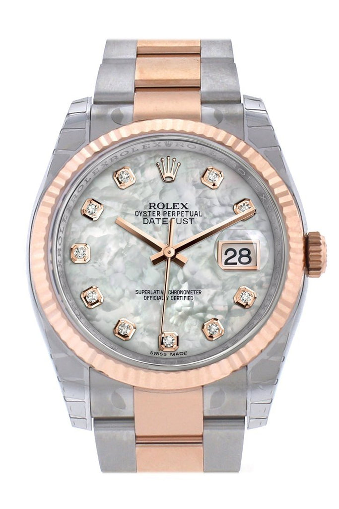 Rolex Datejust 36 White mother-of-pearl set with diamonds Dial Fluted Steel and 18k Rose Gold Oyster Watch 116231