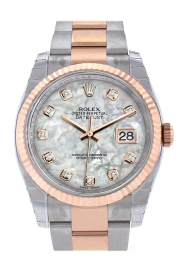Rolex Datejust 36 White mother-of-pearl set with diamonds Dial Fluted Steel and 18k Rose Gold Oyster Watch 116231
