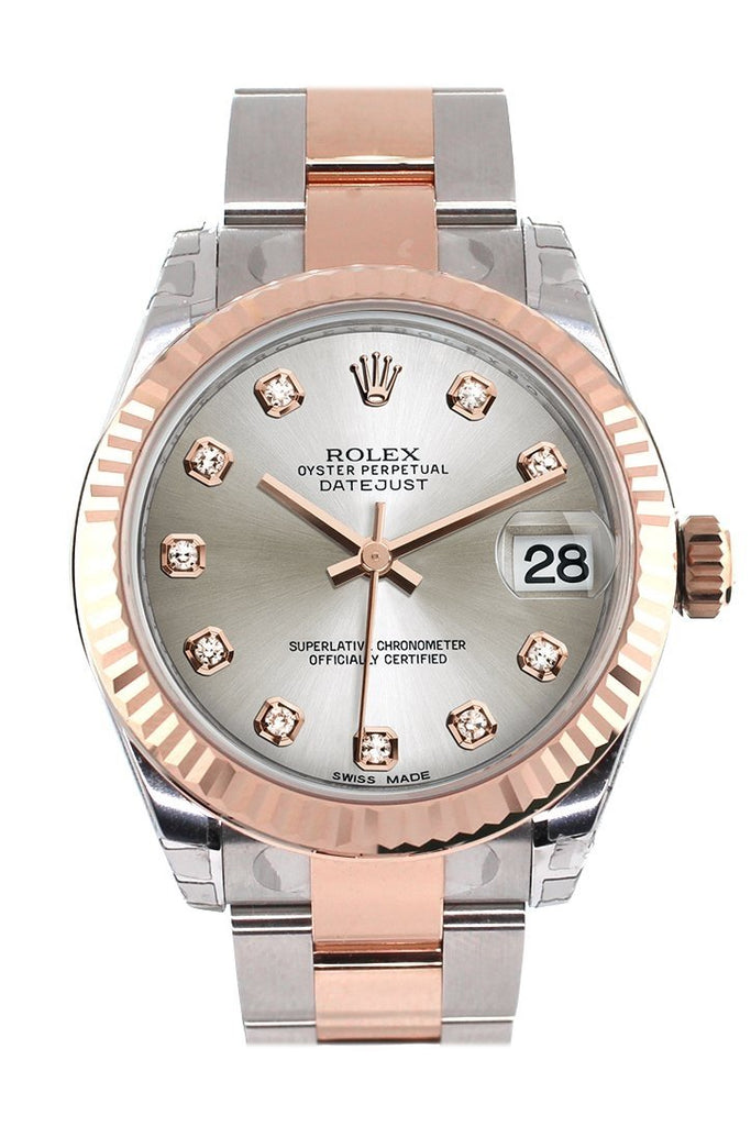 Rolex Datejust 31 Silver Diamond Dial Fluted Bezel 18K Rose Gold Two Tone Ladies Watch 178271