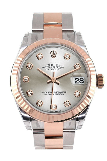 Rolex Datejust 31 Silver Diamond Dial Fluted Bezel 18K Rose Gold Two Tone Ladies Watch 178271