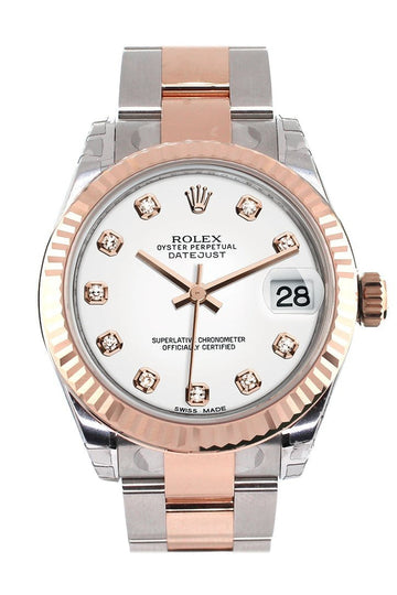 Rolex Datejust 31 White Diamond Dial Fluted Bezel 18K Rose Gold Two Tone Ladies Watch 178271
