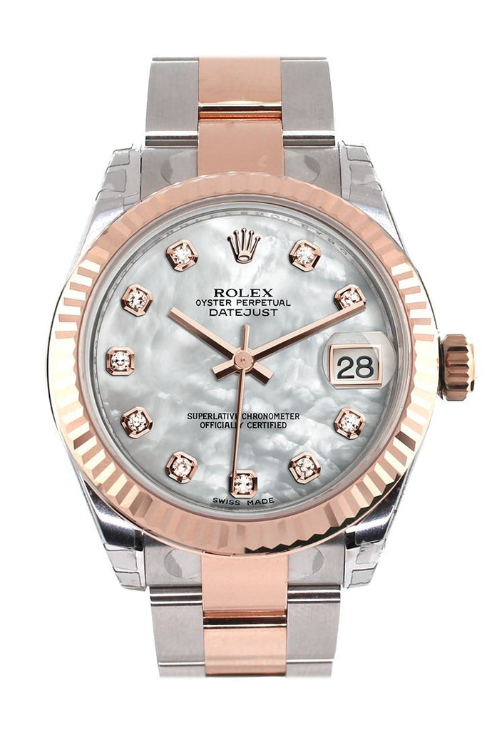 Rolex Datejust 31 White Mother of Pearl Diamond Dial Fluted Bezel 18K Rose Gold Two Tone Ladies Watch 178271