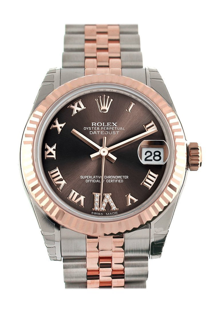 Rolex Datejust 31 Chocolate Roman Large VI set with Diamond Dial Fluted Bezel 18K Rose Gold Two Tone Jubilee Ladies Watch 178271