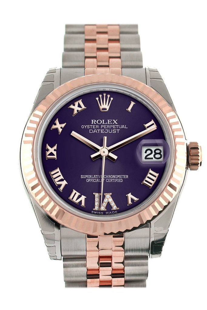 Rolex Datejust 31 Purple Roman Large VI set with Diamond Dial Fluted Bezel 18K Rose Gold Two Tone Jubilee Ladies Watch 178271