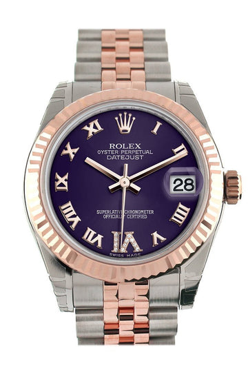 Rolex Datejust 31 Purple Roman Large VI set with Diamond Dial Fluted Bezel 18K Rose Gold Two Tone Jubilee Ladies Watch 178271